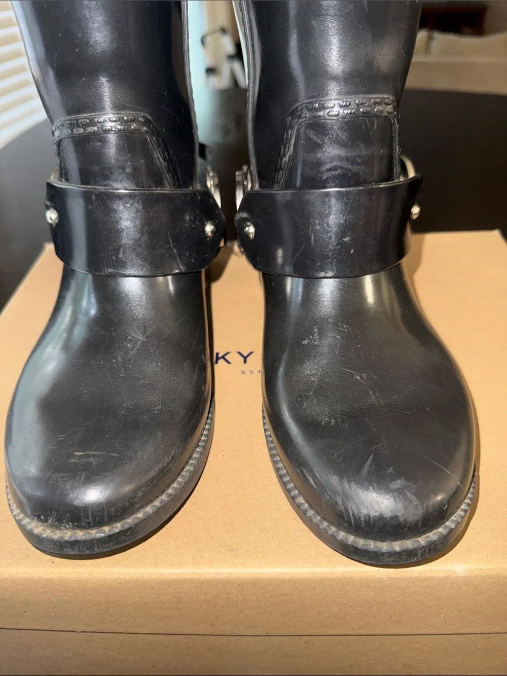 Michael Kors Fulton Harness Black Leather Harness Ankle Rain Boots